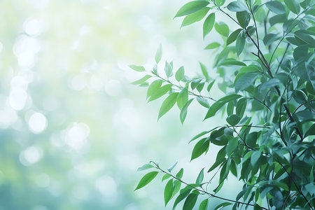 Close-up view of lush green leaves with a dreamy, diffused background. The gentle lighting creates a peaceful and natural atmosphere, perfect for tranquil environmental themes.の素材
