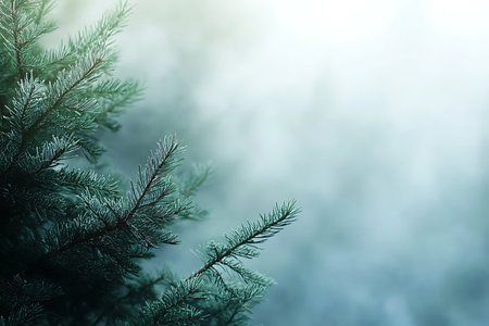Close-up of lush green pine tree branches gently blurred with a hazy, atmospheric sky. This image evokes a sense of calm and natural serenity, perfect for serene nature themes.の素材