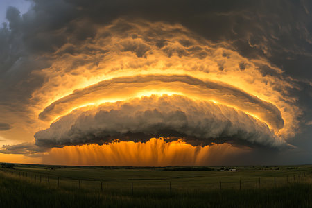 A breathtaking display of vibrant orange and yellow fiery arches erupting and stretching across the evening sky, creating a dazzling spectacle of light and energy.の素材
