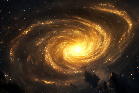 A luminous spiral galaxy dominates the frame, its bright core radiating energy outwards through swirling arms. Numerous stars are visible, scattered across the vast cosmic expanse in this awe-inspiring celestial scene.の素材