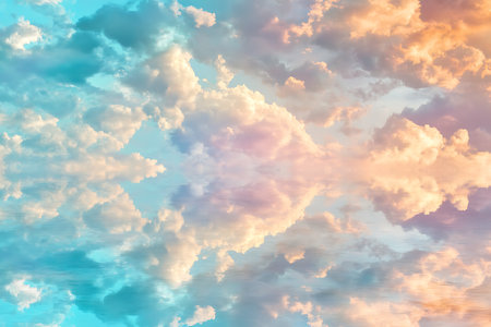A digital abstract image features soft, blurred forms resembling clouds or cotton. A gentle gradient transitions from cool blues and greens on the left to warm oranges and yellows on the right, bisected by horizontal banding.の素材