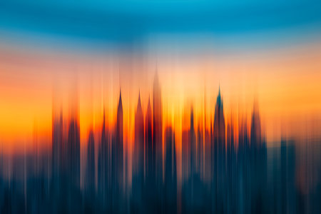 Abstract cityscape rendered in bold pixels. The warm hues of an orange sunset blend with the cool tones of a twilight sky, creating a dynamic and colorful urban scene.の素材