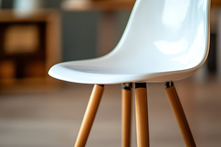 A close-up view of a stylish white molded plastic dining chair with tapered natural wood legs, showcasing a blend of modern design and organic warmth in a home setting.の素材