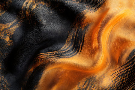 This abstract image features dynamic swirling patterns with intense fiery orange hues blending into deep charcoal gray. The textures create a sense of movement and depth, evoking energy and mystery.の素材