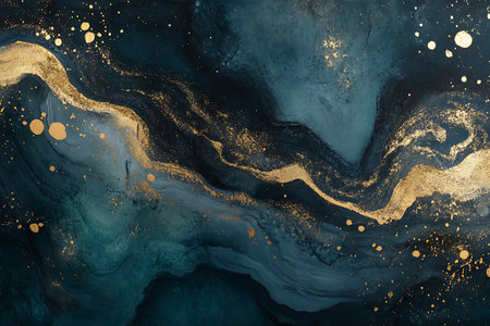 Mesmerizing abstract cosmic scene featuring flowing golden and teal swirls against a deep, dark backdrop dotted with sparkling celestial elements. Evokes a sense of mystery and wonder.の素材