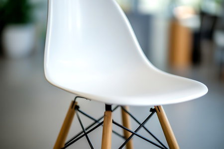 A close-up view of a sleek modern white plastic chair featuring iconic wooden dowel legs. This versatile piece adds a touch of contemporary style to any living space or office environment.の素材
