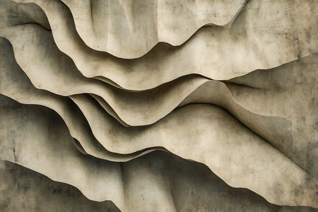 An abstract, high-detail view of layered organic materials in shades of tan, beige, and olive green. The rippling forms create a sense of depth and movement.の素材