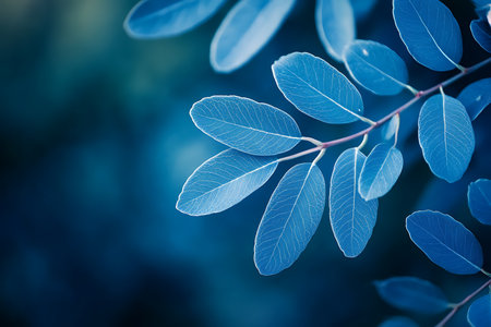 Close-up of delicate blue-green leaves bathed in ethereal light. The soft focus and deep blue tones create a calming and tranquil atmosphere, perfect for nature-themed visuals.の素材