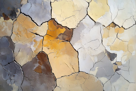 Close-up view of a mosaic surface featuring irregular geometric shapes in a palette of warm earthy colors, creating a natural and textured visual.の素材