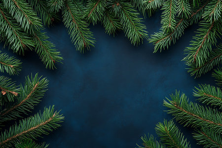 A top-down view showcases lush green evergreen branches arranged around a dark blue center, evoking a sense of winter nature and festive holiday preparation.の素材