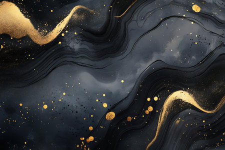 Experience the captivating beauty of abstract art featuring dynamic golden and orange swirls interwoven with dark, textured elements. This mesmerizing composition evokes a sense of mystery and wonder.の素材