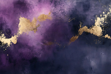 An abstract image featuring a blend of textured purple, gold, and dark charcoal tones, creating a visually rich and evocative backdrop for various design applications.の素材