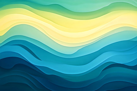 A vibrant abstract background featuring flowing layers of teal yellow and blue, mimicking gentle waves or abstract nature. Perfect for digital art and design.の素材