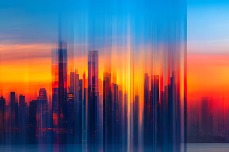 A captivating abstract rendition of a city skyline bathed in the warm hues of a sunset. The dynamic streaks of color create a sense of movement and energy.の素材
