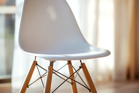 A close-up view of a stylish, modern white accent chair featuring a smooth seat and natural wood legs. Perfect for adding a touch of contemporary elegance to any living space.の素材