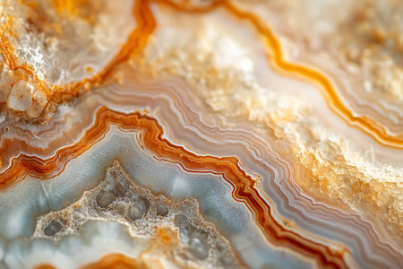 Close-up view revealing the detailed natural patterns and vibrant mineral veins within an agate stone. The swirling textures and fiery orange hues create a visually captivating and organic abstract background.の素材