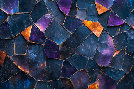 A visually striking abstract mosaic pattern features irregular geometric shapes in deep blues purples and vibrant orange accents creating a rich textured backdrop.の素材