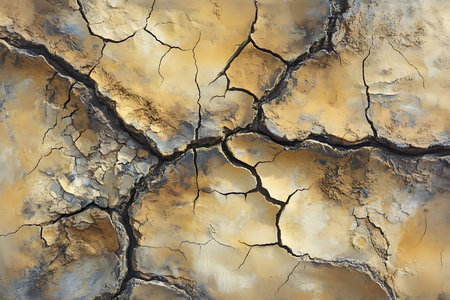 This abstract image reveals the detailed texture of parched earth. Intricate cracks form a complex network, highlighting the natural patterns and warm, earthy colors.の素材
