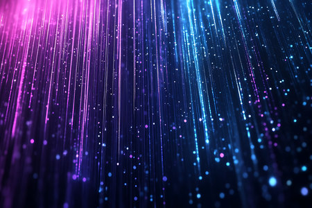 Dynamic abstract streaks of neon pink and vibrant blue light create a sense of digital flow and energy. Perfect for modern, futuristic, or technological themes.の素材