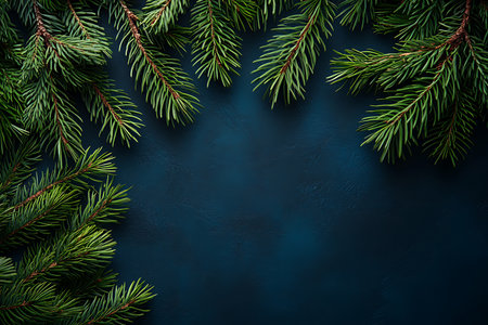 Rich evergreen fir branches create a natural border on a dark, textured background. Ideal for seasonal greetings, winter celebrations, and festive holiday graphic design projects.の素材