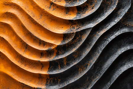 This abstract image features undulating waves of texture and color. One side displays vibrant warm orange hues, transitioning to a cool, textured grayscale on the other, creating a striking visual contrast.の素材