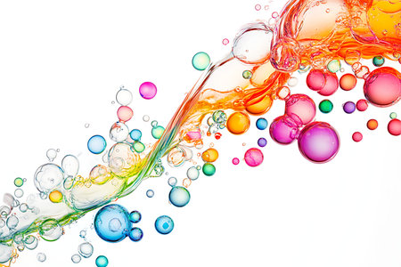 An abstract composition of colorful, translucent bubbles and liquid splashes forming a dynamic wave. The imagery evokes fluidity, energy, and a sense of vibrant movement.の素材