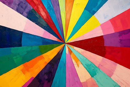 A stunning radial pattern of brightly colored paper slices forms an abstract design. The dynamic composition creates a sense of energy and movement, ideal for creative projects.の素材