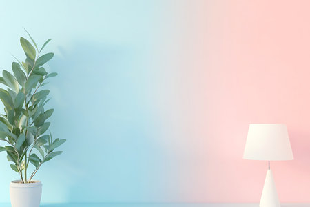 A serene modern interior features a lush green potted plant and a glowing lamp against a pastel gradient wall, creating a calming and inviting atmosphere for home decor.の素材