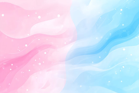 A delicate abstract background featuring soft pastel pink and blue gradient swirls with small, scattered bubble-like elements. This gentle design evokes a sense of calm and beauty.の素材