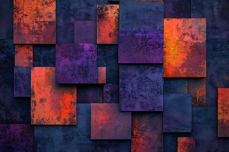 A visually striking abstract background featuring a geometric mosaic pattern. Rectangular shapes in warm oranges and deep purples create a textured, layered effect with artistic depth and visual interest.の素材