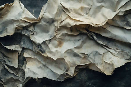 Detailed close-up of layered fabric creating an abstract pattern. The textures are varied, with soft folds and sharp creases, displaying earthy tones and shadows.の素材