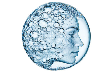 A mesmerizing artistic representation of a woman's profile subtly emerging from a crystal-clear water droplet filled with numerous small bubbles, evoking a sense of purity and transformation.の素材