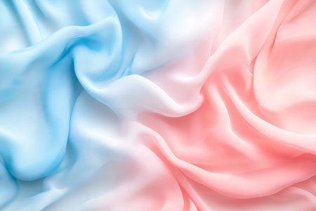 Discover the elegant drape of this soft fabric featuring a harmonious blend of blue and pink hues. Its flowing waves and subtle light reflections create a visually pleasing and soothing textile surface.の素材