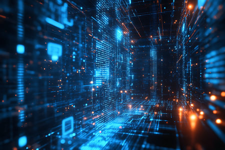 Immerse yourself in a dazzling futuristic digital cityscape. Neon blue lights and intricate data streams weave through a modern, abstract metropolis, evoking a sense of advanced technology and boundless innovation.の素材