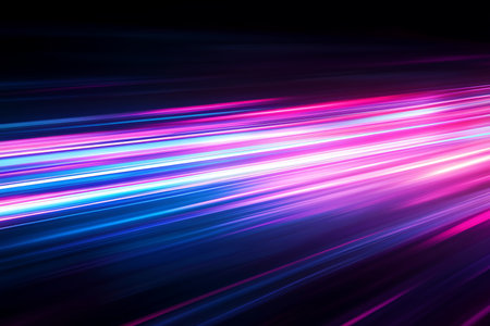 Experience the dynamism of abstract light trails in vibrant neon hues. Streaks of pink and blue create a sense of rapid motion and energetic flow, perfect for a modern aesthetic.の素材