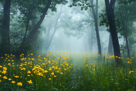 Sunlight streams through a misty forest canopy, casting divine rays onto a vibrant carpet of wildflowers. A peaceful and mystical woodland scene inviting exploration.の素材