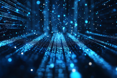 A dynamic abstract visualization depicting a high-speed data stream in a digital network. Numerous glowing blue lights and particles create a sense of movement and connectivity.の素材