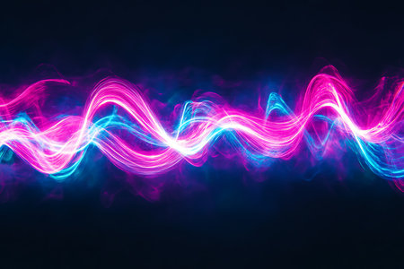 Captivating abstract light waves in vivid neon pink and electric blue create a dynamic visual representation of energy and motion, perfect for modern designs.の素材