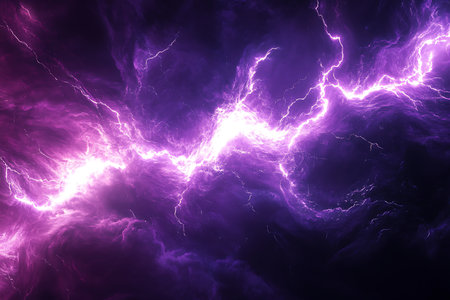Experience the raw power of nature with this stunning abstract image of purple lightning. A vibrant electrical discharge illuminating the darkness, conveying cosmic energy and powerful forces.の素材