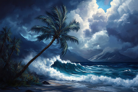 A single palm tree stands resilient against a dramatic sky filled with dark, stormy clouds as powerful ocean waves crash ashore. Evokes a sense of nature's raw power and isolation.の素材
