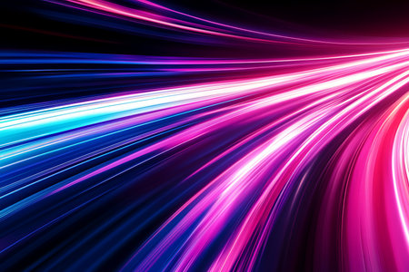 Experience the dynamic energy of abstract light streaks with vibrant pink and blue hues. This motion blur captures a sense of speed and futuristic flow, perfect for modern design.の素材