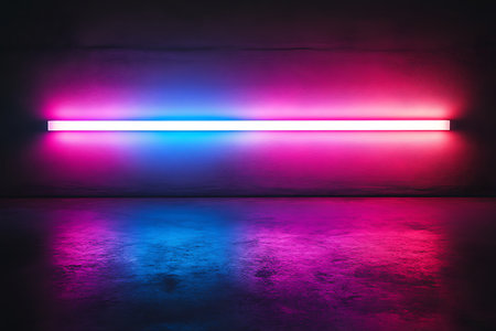 A long neon tube glows with a mesmerizing gradient of pink and blue light, casting a colorful reflection on the surface below, creating a dynamic and modern aesthetic.の素材