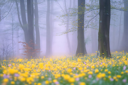 A serene forest scene with tall trees and a vibrant carpet of yellow and purple wildflowers. Soft light filters through the misty woods, creating a magical atmosphere.の素材