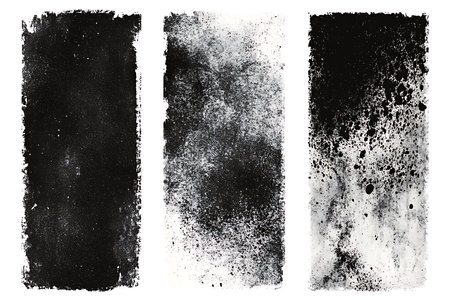 A collection of three distinct abstract grunge paint strokes in black, offering a textured and artistic background element for various design projects. These organic textures add depth.の素材