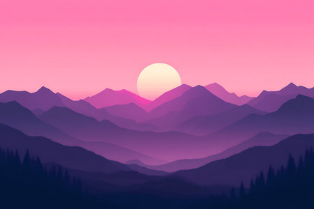 A tranquil mountain range bathed in the gentle glow of a rising sun. The sky is a beautiful gradient of pink and purple, creating a peaceful and ethereal atmosphere.の素材