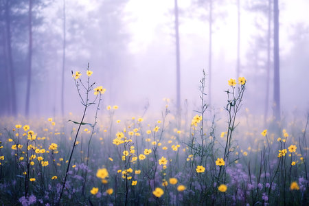 Delicate wildflowers bloom amidst tall grasses and trees in a serene forest setting. Soft, hazy light filters through the mist creating a peaceful and ethereal atmosphere.の素材