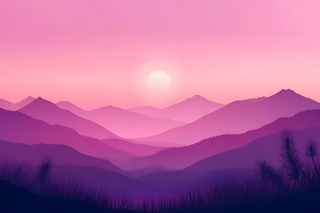 Experience the tranquil beauty of a mountain range bathed in soft pink and purple hues during a vibrant sunrise or sunset. This serene nature scene evokes peace and wonder.の素材