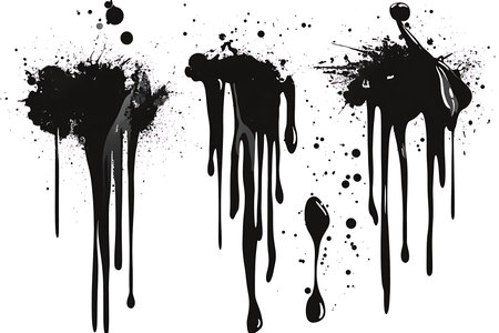 Dynamic black ink splatters and dripping effects creating a raw, artistic grunge aesthetic. Perfect for adding texture and a distressed feel to your creative designs.の素材
