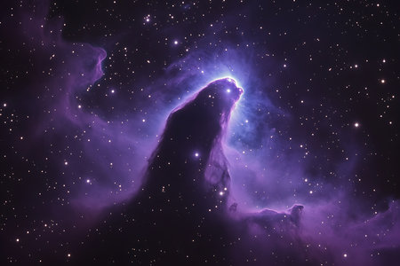 Behold the breathtaking beauty of a celestial nebula shaped like a horse's head, bathed in ethereal purple light and illuminated by distant stars in the vast expanse of deep space.の素材