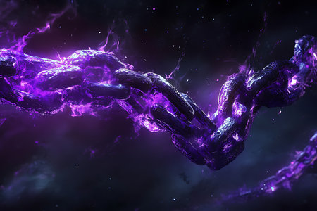 A stunning digital artwork depicts a vibrant purple nebula with intricate, swirling energy trails. This abstract cosmic scene evokes a sense of mystery and the vastness of space.の素材